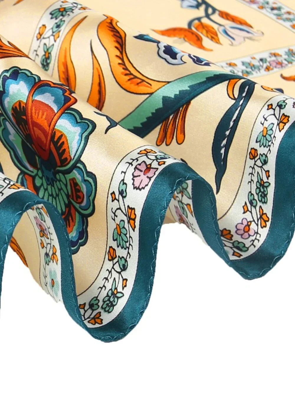 100% Silk Scarves, Extra-Large, Beanstalk, Creme With Teal Trim